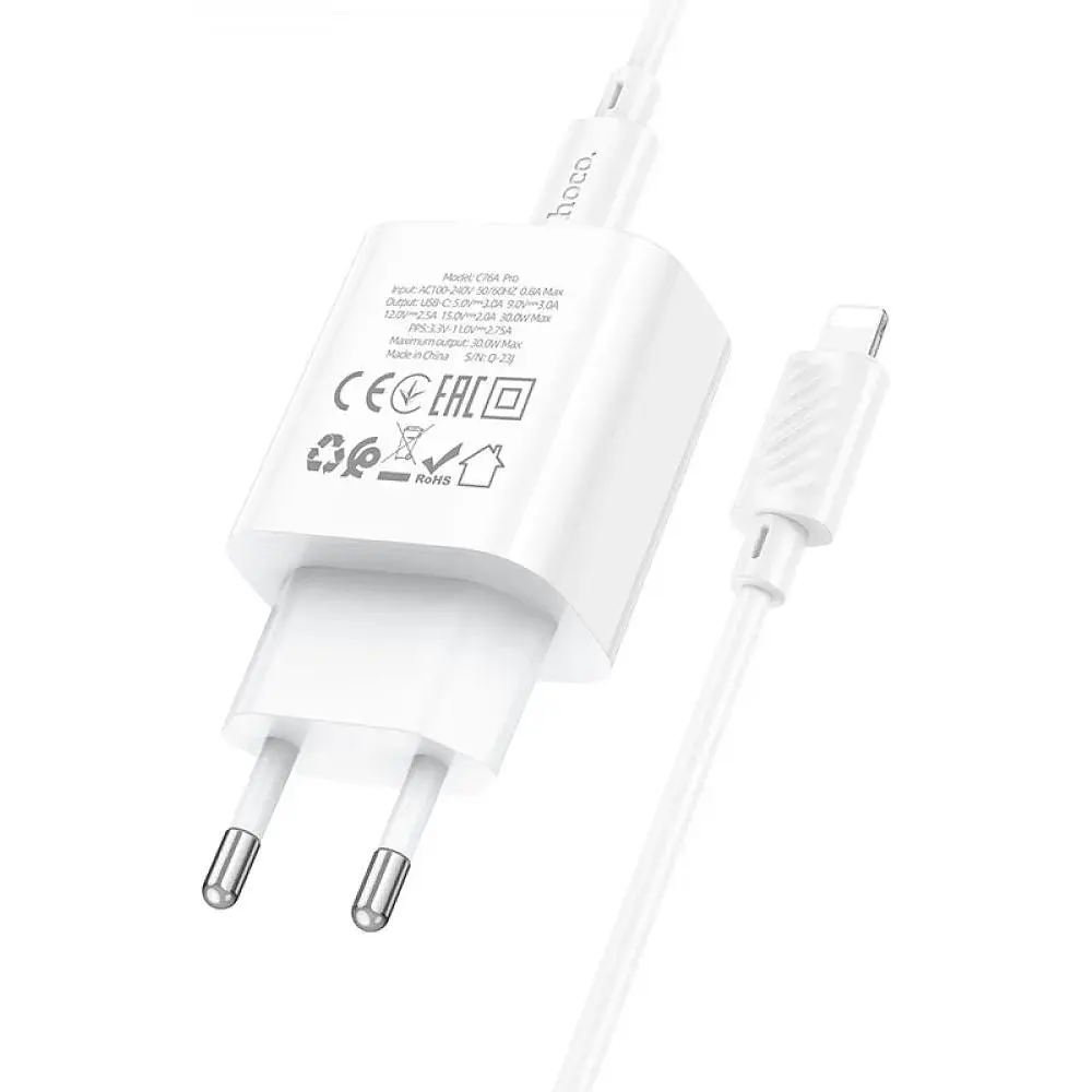 Комплект зарядного пристрою Hoco C76A Pro 1Type-C PD/QC 30W PPS Type-C to Lightning White - фото 7