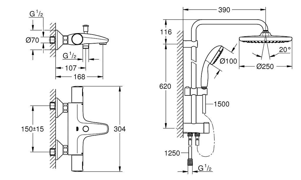 Душова система Grohe Vitalio Start System 250 Cube + термостат для ванни Precision Start UA303904TR, Чорний матовий - фото 9
