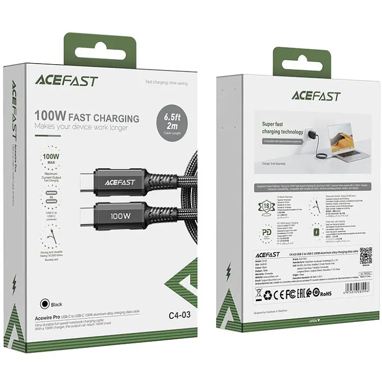 Кабель USB 2.0 Type-C M-M, 2 м, 100W C4-03, zinc alloy, Чорний, Acefast - фото 4
