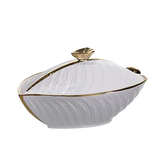 Супница 800 (мл) фарфоровая кастрюля бульонница 26×18×14 (см) с крышкой для дома и ресторана Белый с золотом Yiwu XL-4074AG - фото 5