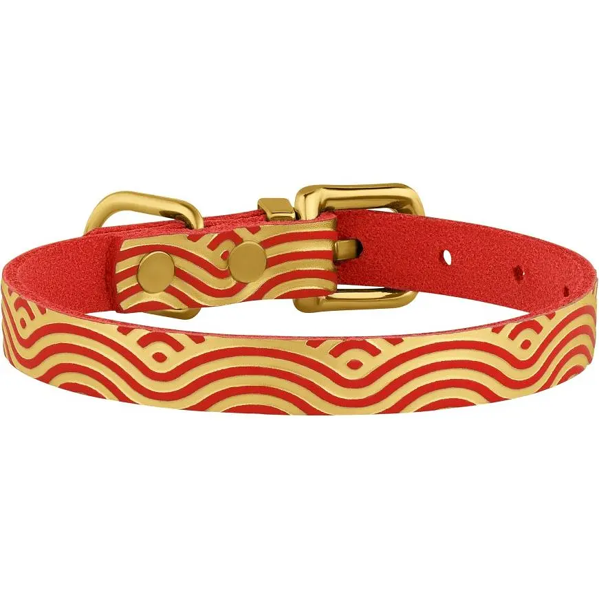 Нашийник для котів BronzeDog Barksi Classic Хвиля шкіряний одинарний з золотим тисненням 2XS 18-25х1 см червоний - фото 2