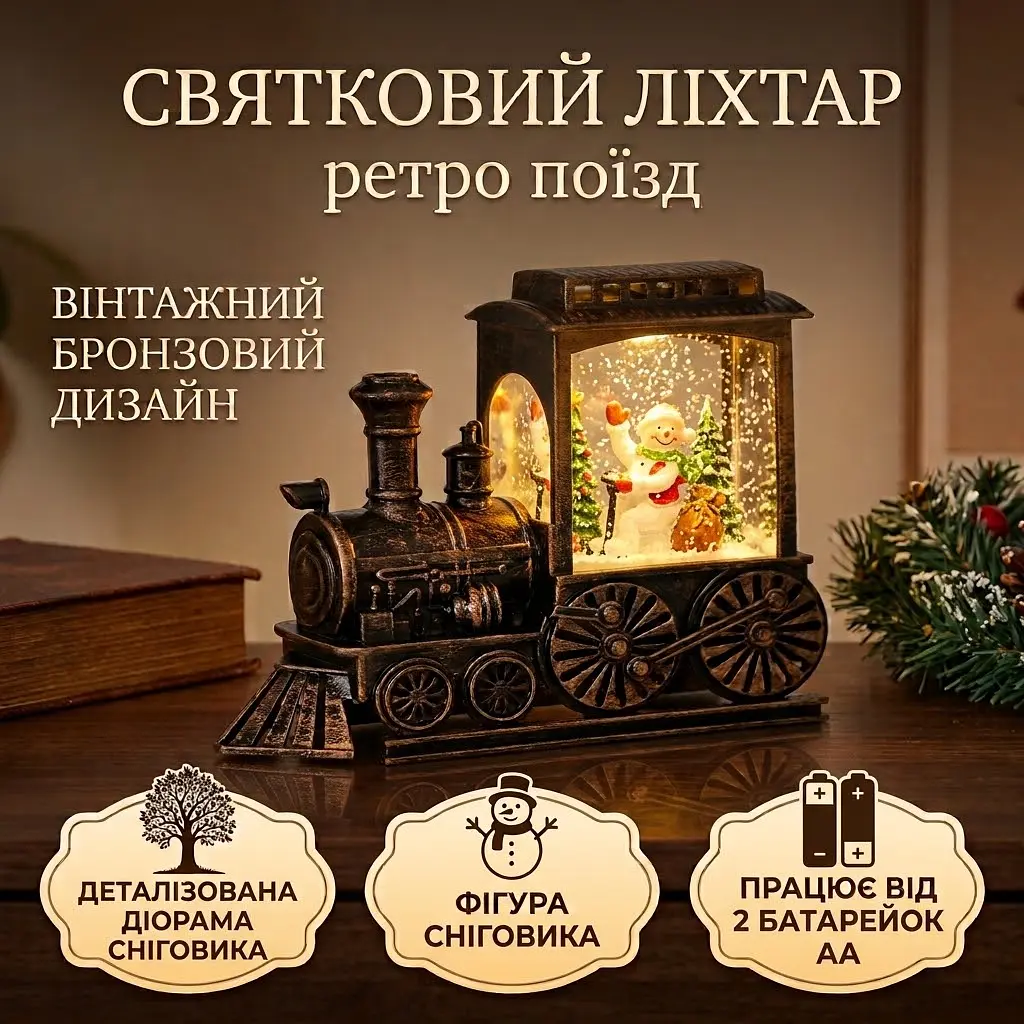 Нічник декоративний світильник паровоз з Сніговиком AND 5589 живлення 2 батарейки AА 13,5х8,8х8,2 см - фото 2