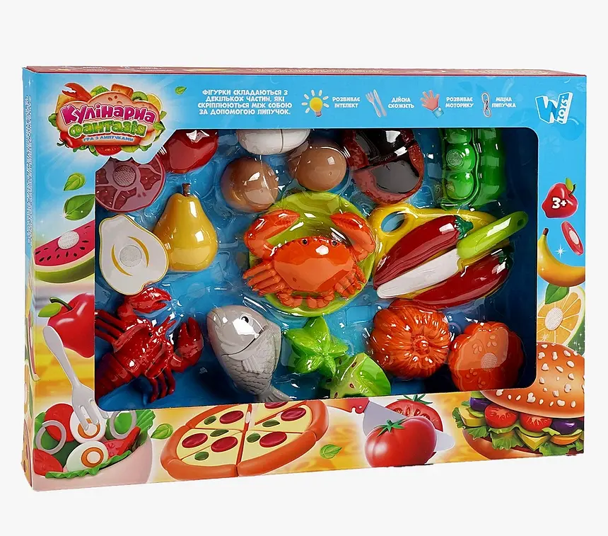 Набір продуктів “Кулінарна фантазія” 10280 WToys 24 елементи овочі та фрукти на липучках досточка ніж у коробці (6985898400818)