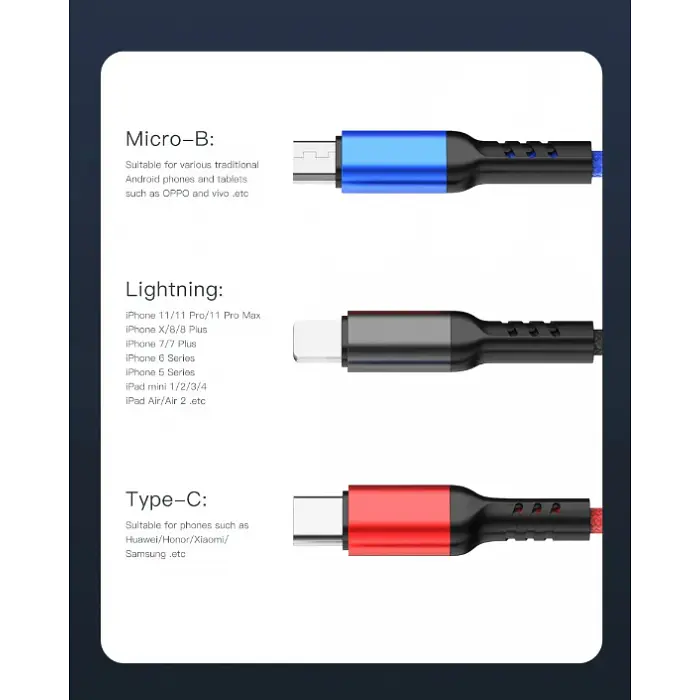 Кабель для заряджання телефонів AWEI CL 971 3 в 1 USB to Type-C+Lightning+MicroUSB 2,4A - фото 4