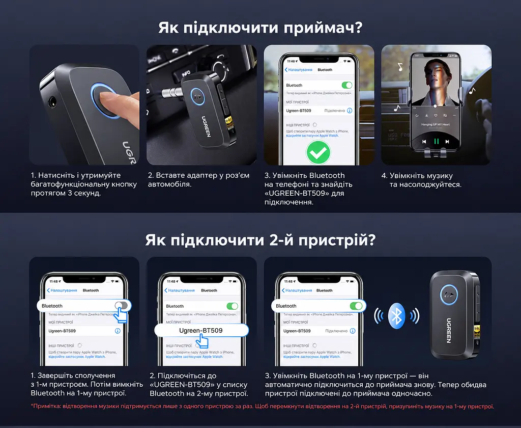 Бездротовий аудіоприймач UGREEN BT509 Bluetooth 6.0 з виходом AUX 3,5 мм LDAC 24 біт/96 кГц за підтримки LDAC джерелом з мікрофоном для дзвінків до 17 год роботи підключення 2 пристроїв із відтворенням з одного за раз регулювання гучності та перемикання треків керування відтворенням і викликами автоматичне повторне підключення заряджання через USB-C для автомагнітол і колонок з AUX чорний із синім кільцем (55546) - фото 2