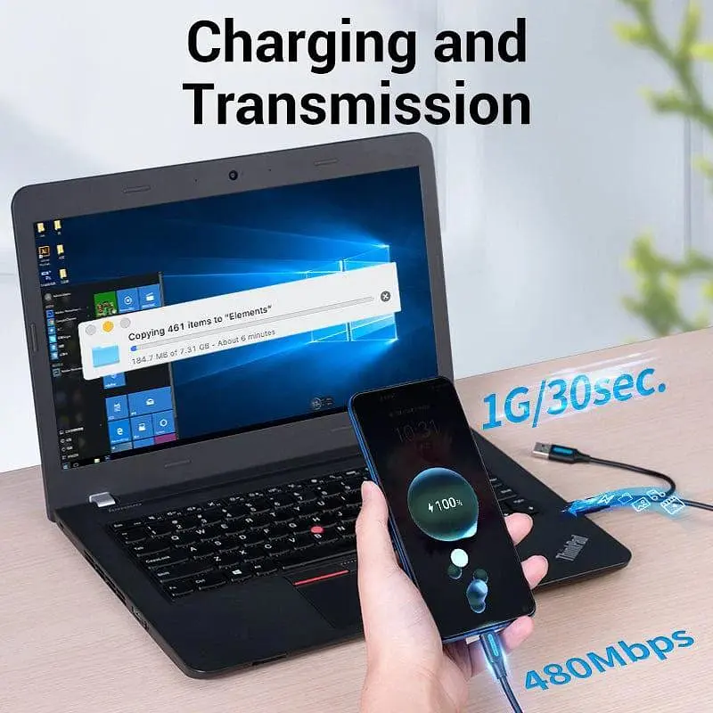 Кабель Vention USB 2.0 A Male to USB-C Male Cable with USB Power Supply PVC Type 0.5m Black (CQKBD) - фото 6