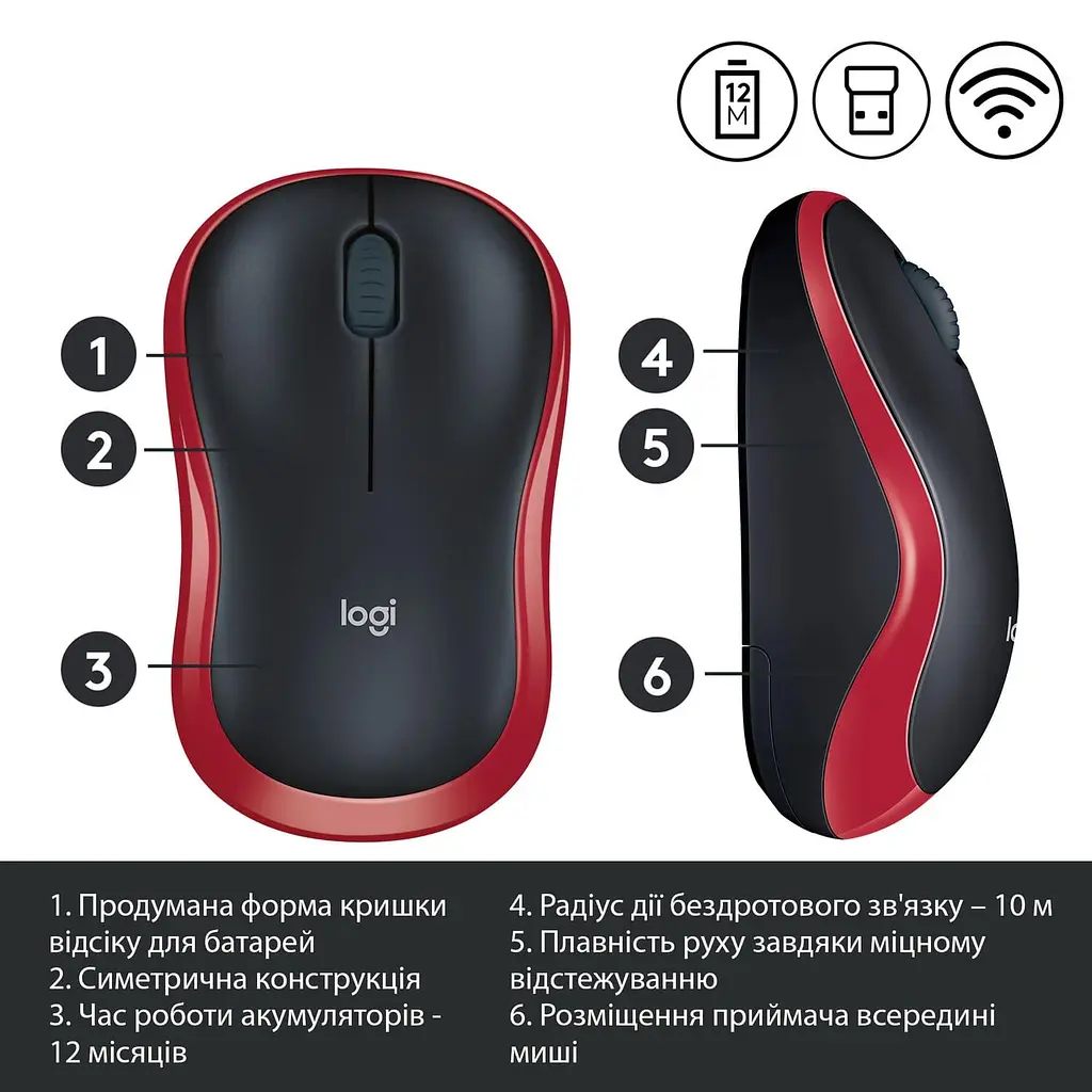 Беспроводная мышь Logitech M185 Wireless Red (L910-002237) (910-002237) - фото 4