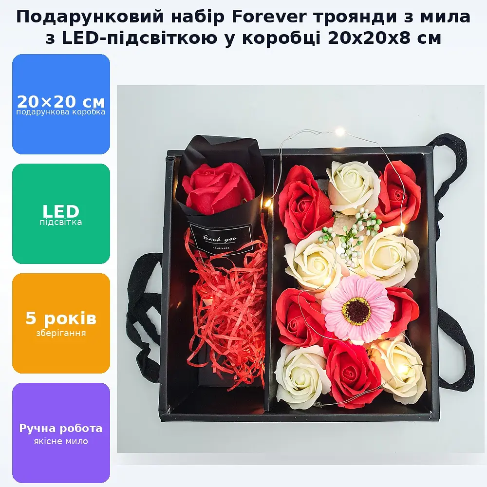 Подарочный набор Розы из мыла Forever с Led подсветкой в коробке 20х20х8 см - фото 3