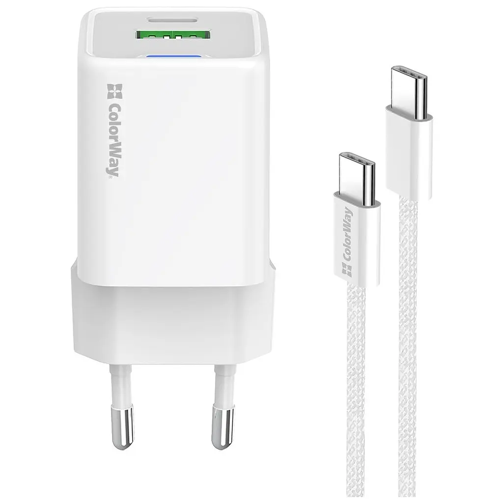 Зарядний пристрій ColorWay C101A GaN Mini 20 Вт PD PPS USB-C + USB-A QC 4.0 + кабель USB-C — USB-C чорний (CW-CHS062PDC-WT) - фото 4
