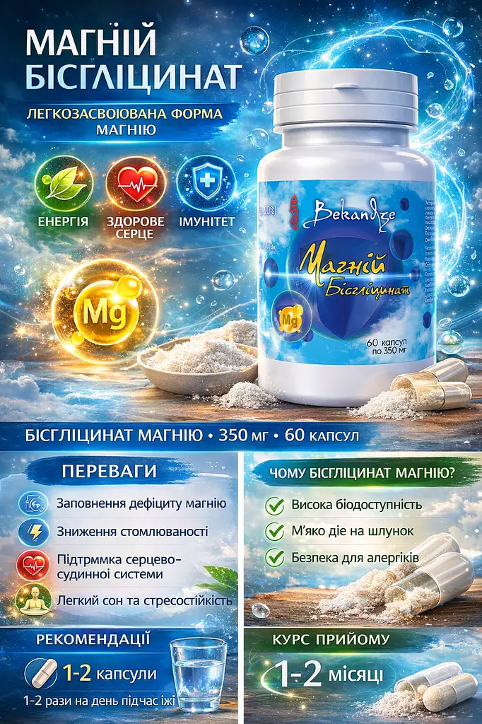 Магній бісгліцинат 350 мг, 60 капсул — хелатна форма, сприяє зменшенню втоми та роботі нервової системи при стресі, BEKANDZE - фото 4