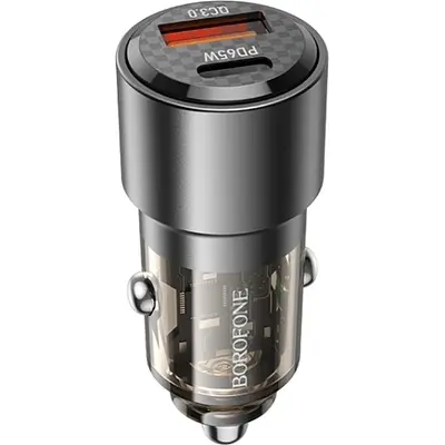 Зарядний пристрій BOROFONE 1xUSB-C PD 65 Вт + 1xUSB QC 3.0 83 Вт автомобільний адаптер прозоро-чорний (6941991101625) - фото 5