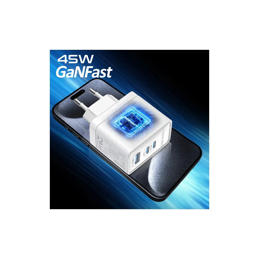 Зарядний пристрій Promate powerport-45 2xUSB-C PD + USB-A QC 45W White (powerport-45.white) - фото 2