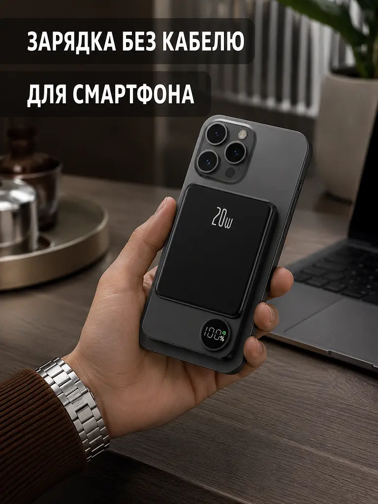 Power Bank 5000 мА·год MagSafe 20 Вт з бездротовим заряджанням 15 Вт, USB Type-C та дисплеєм, чорний (49676356) - фото 8