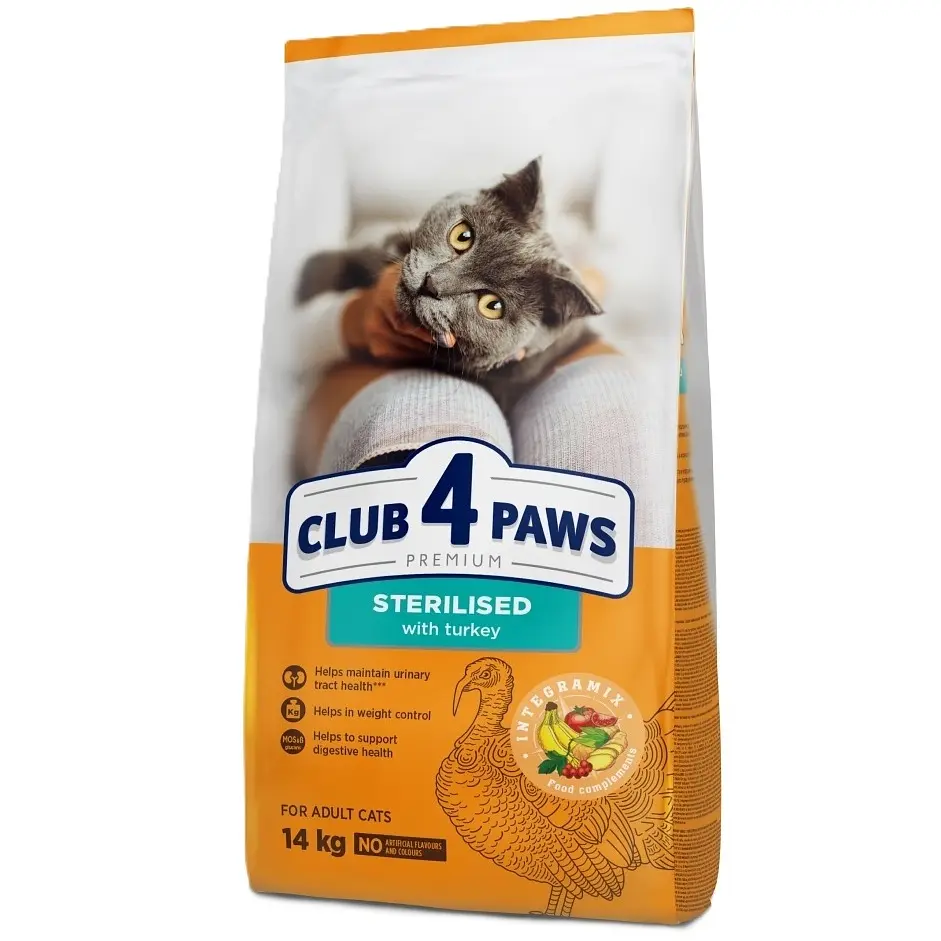 Уцінка. Сухий корм з індичкою для дорослих стерилізованих котів Club 4 Paws Premium 14 кг