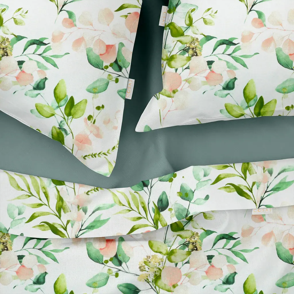 Комплект постільної білизни Cosas євро з простирадлом на резинці FLORAL LEAVES CS1 200 x 220 см (FoliageGreenBudRose_El-104Ashmint_200) - фото 3