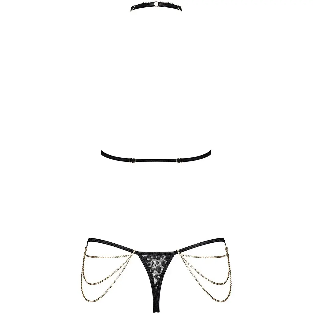 Комплект із ланцюжками Obsessive PanTheria 2-pcs set Black S/M, бюстгальтер, трусики - фото 4
