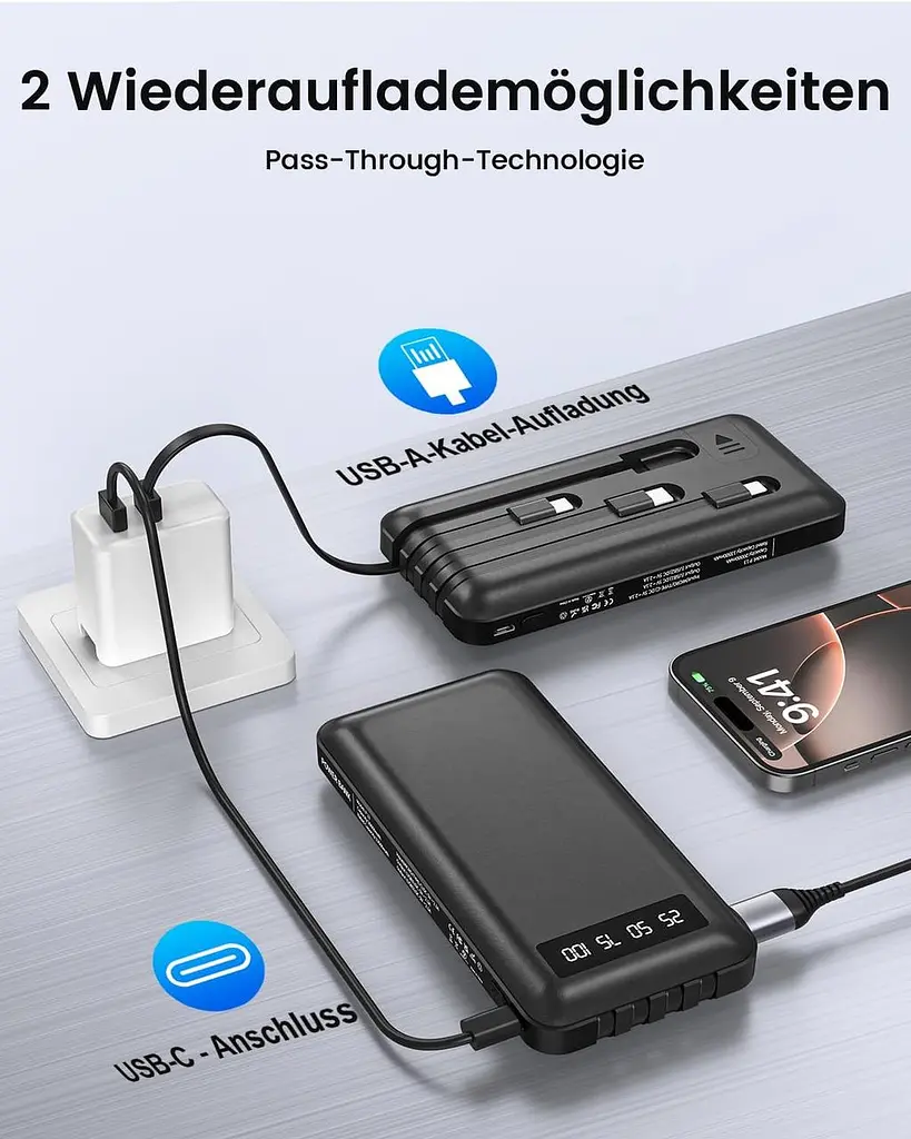 Повербанк 26800 мА·год з 4 вбудованими кабелями, 22,5 Вт Power Bank USB C Функція швидкого заряджання зі світлодіодним дисплеєм - фото 5