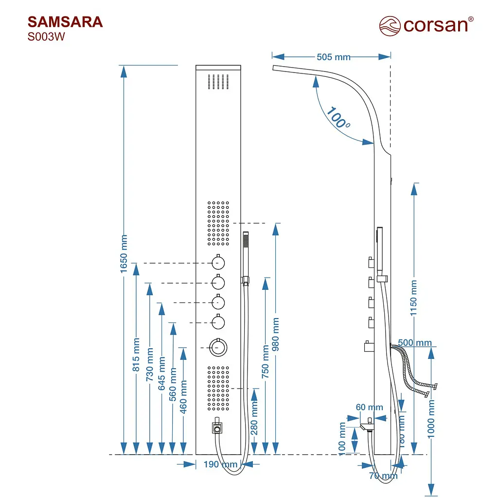 Душова панель Corsan Samsara black з виливом S003MBLW, Чорний матовий - фото 2