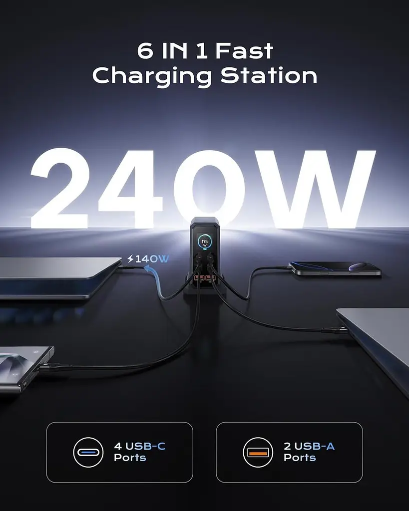 Зарядний адаптер - станція хаб живлення Asometech HW186 6-в-1 GaN 240W USB Type-C 6 портів - фото 4