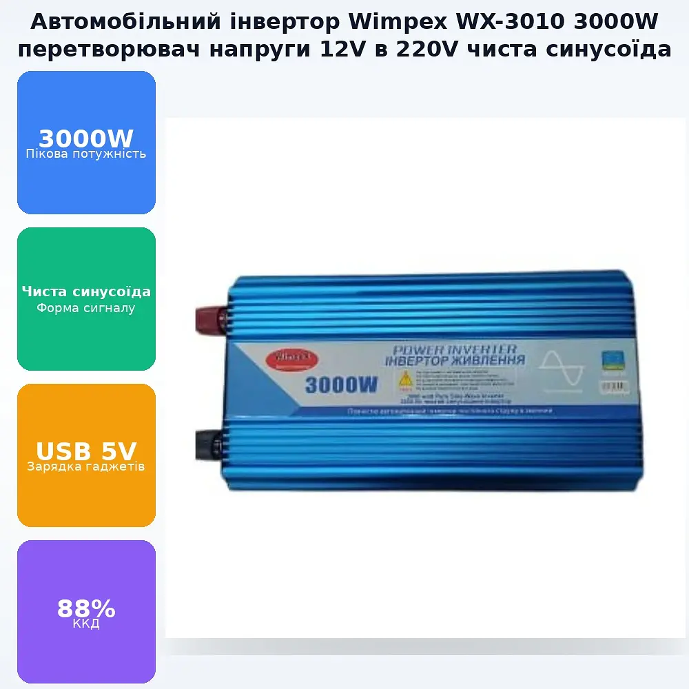 Автомобільний інвертор-перетворювач напруги 3000 W з 12 V до 220 V з чистою синусоїдою Power Inverter WimpeX WX-3010 - фото 2