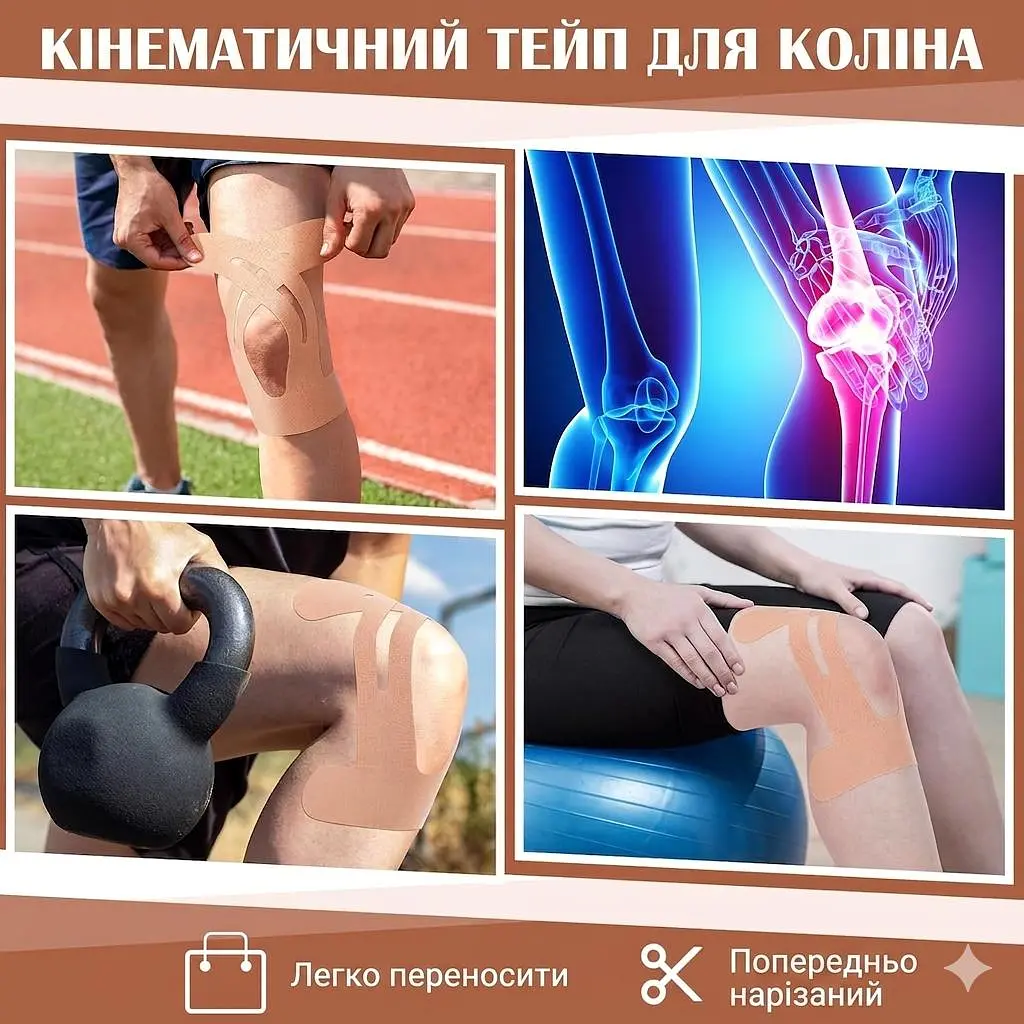 Кінезіо тейпи спортивні кінезіологічні стрічки  - пластирі бандаж для коліна і суглоба  бандажні  захисні наклейки стрічки для фіксації та підтримки суглобів  під час спорту 22 х 25 см 10 шт - фото 4