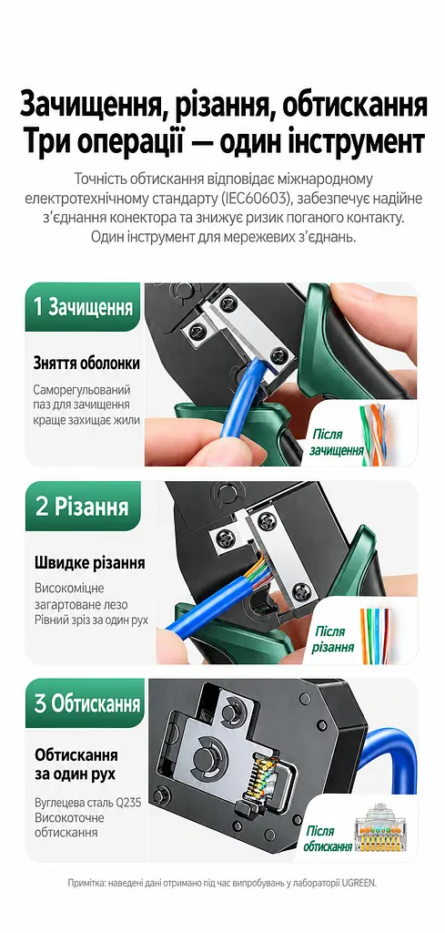 Обтискні кліщі для мережевого кабелю UGREEN NW136 Pro кримпер для штекерів 6P/8P з різанням та саморегульованим зняттям ізоляції для телефонних і мережевих штекерів категорій п’ять і шість та їхніх покращених версій не для екранованих штекерів із затискачем «ластівчин хвіст» для зняття ізоляції з круглих кабелів діаметром до 8 мм і з плоских кабелів з кільцем фіксації губок з механізмом зменшення зусилля м’які протиковзні руків’я TPE лезо 33 мм чорні (85949) - фото 3