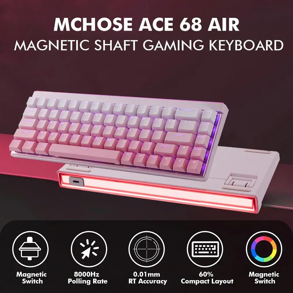 Ігрова магнітна клавіатура MCHOSE ACE 68 Air / Дротове підключення / Kailh Magnetic God Switch / Pink - фото 7
