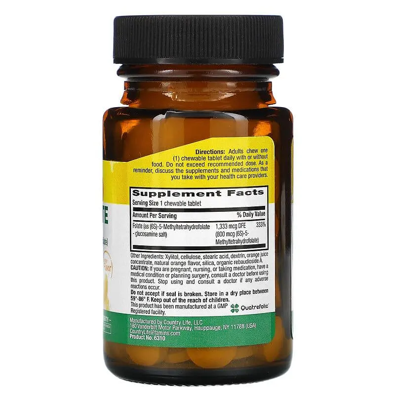Метилфалат Country Life Methylfolate 800 mcg 60 жевательных таблеток Апельсин - фото 2