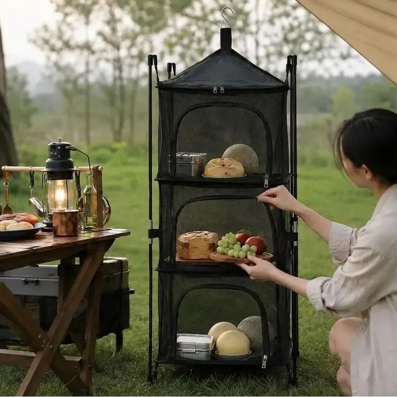 Складна сітка-сушарка триярусна для продуктів 70х35 см Підвісна сушарка з каркасом та ніжками на 3 яруси для сушіння овочів грибів ягід з Сумкою-чохлом Чорний - фото 7