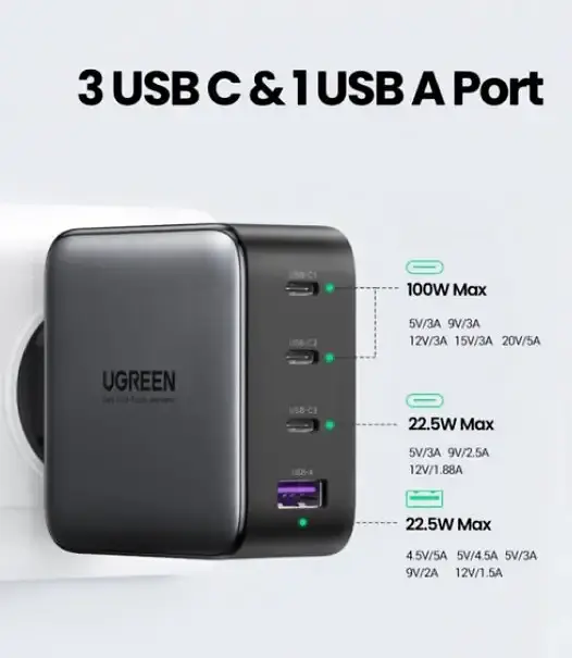 Универсальное портативное быстрое зарядное устройство для Ugreen CD226 GaN 100W 3C1A на 4 USB - фото 4