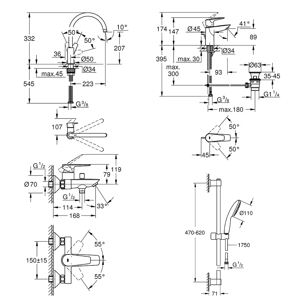 Комплект змішувачів для ванної кімнати і кухні Grohe QuickFix Start Edge UA202501SK, Хром - фото 2