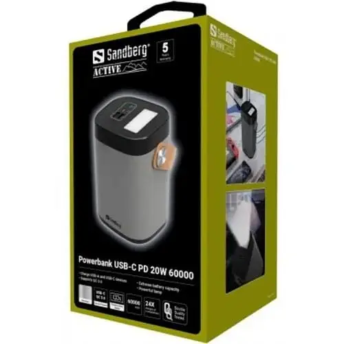 Зовнішній акумулятор з режимом ДБЖ Sandberg 420-71 - 60000 mAh PD 3A QC3.0 / VOOC 20W - фото 2