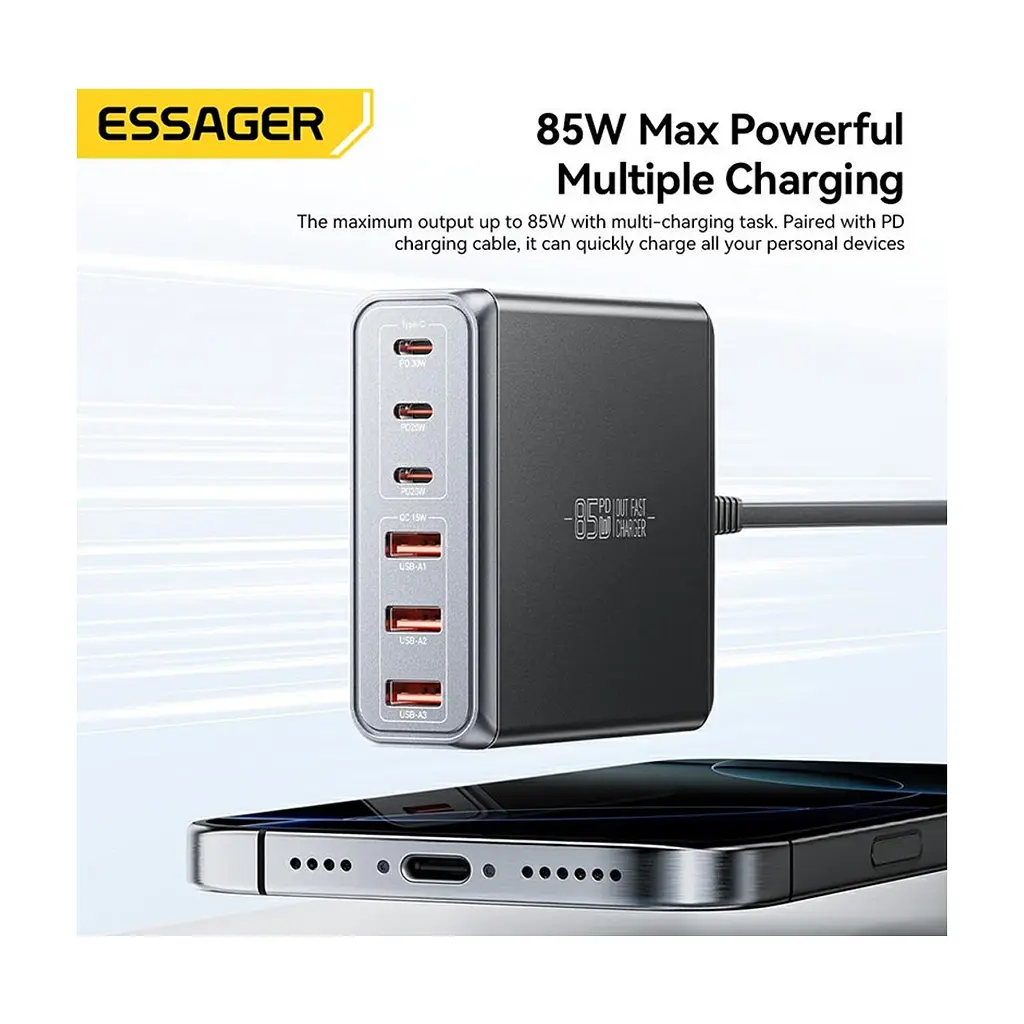 Зарядний пристрій Essager 3xUSB-C + 3xUSB-A 85W GaN black (EZC85W-SXB0G-Z) - фото 6