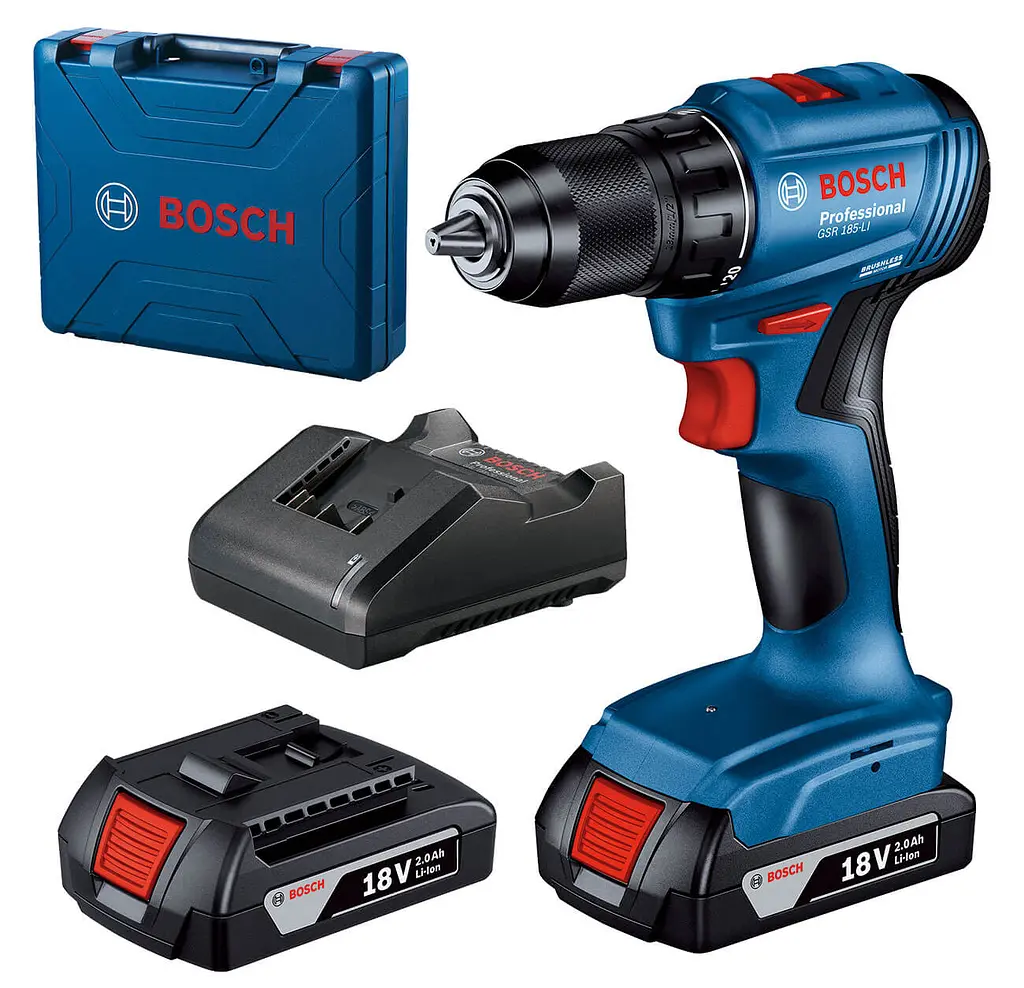 Безщітковий акумуляторний дриль-шурупокрут Bosch GSR 185-LI Professional із 2 акб GBA 18V 2.0Ah і з/п GAL 18V-20 у кейсі