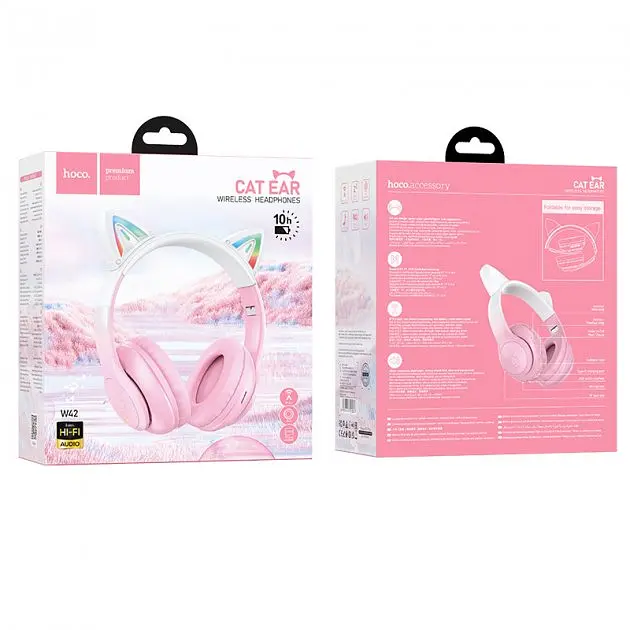 Беспроводные полноразмерные наушники Hoco W42 Cat Ear с подсветкой, BT5.3, AUX, TF, 400mAh, 10h, розовые - фото 3