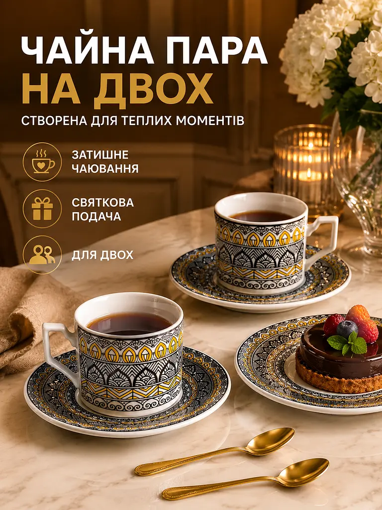 Чайний сервіз фарфоровий на 2 персони, чашки 220 мл, блюдця Ø14 см, золоті ложечки (49676222) - фото 4