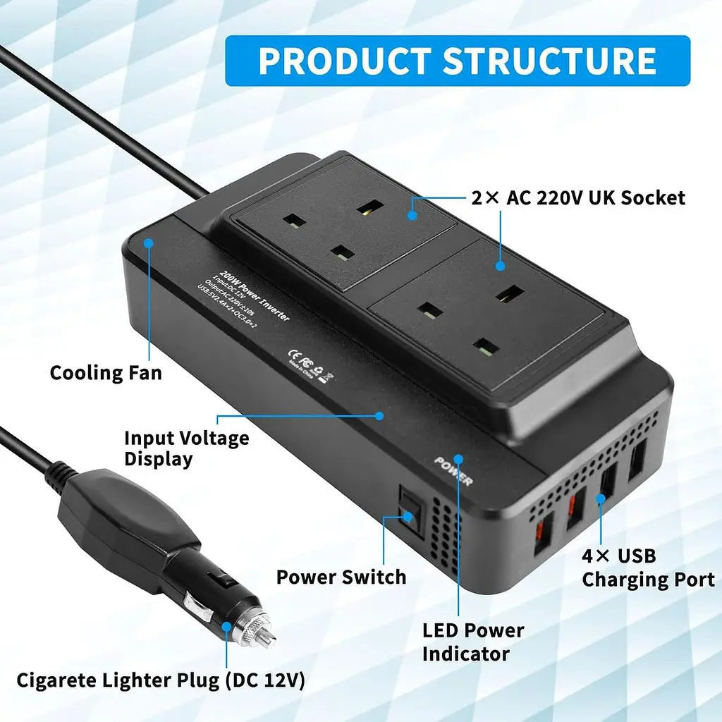 Автомобільний інвертор Umelee 200 Вт, 12V DC – 240V AC - фото 7