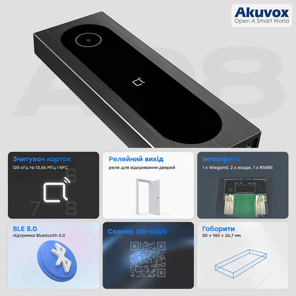 Термінал контролю доступу Akuvox A08S з клавіатурою та зчитувачем EM-Marine / Mifare / NFC / BLE / QR (87-00069) - фото 11