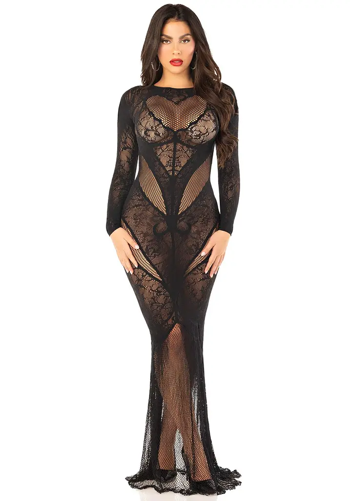 Сукня з довгим рукавом Leg Avenue Lace and Net Bodycon Gown One Size, Black - фото 2