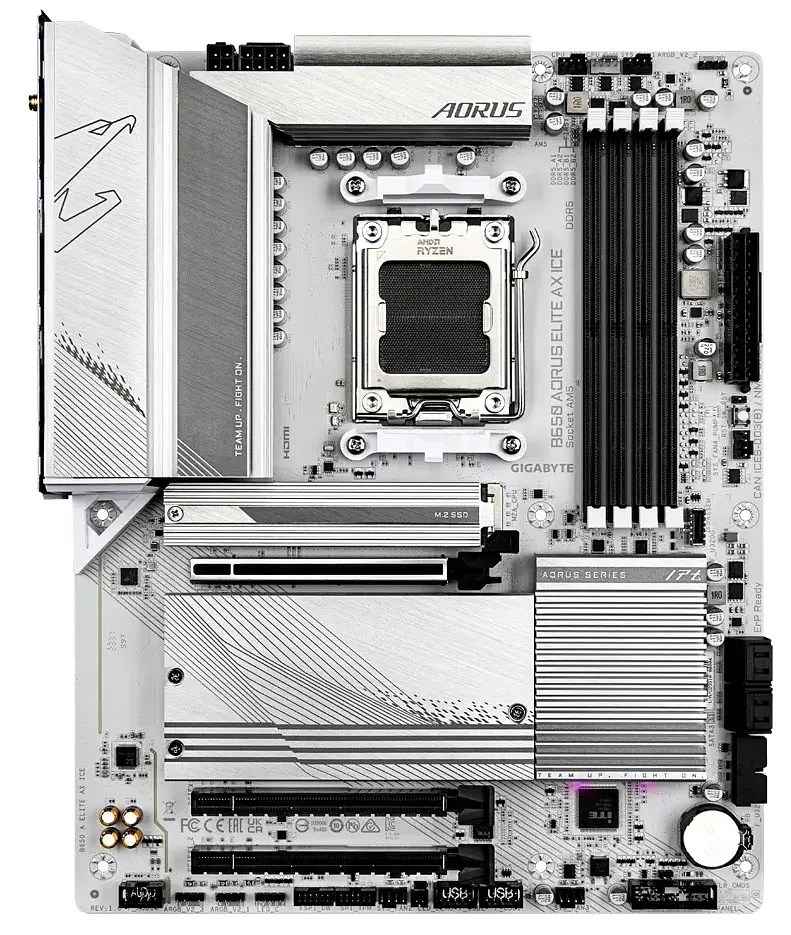 Материнская плата AM5 Gigabyte B650 AORUS ELITE AX ICE, B650, 4xDDR5, Int.Video (CPU), 4xSATA3, 3xM.2, 1xPCI-E 4.0 x16, 2xPCI-E 3.0 x16, Realtek 7.1, Realtek 2.5Gb, WiFi 6E, Bluetooth 5.3, 10xUSB3.2/6xUSB2.0, HDMI/DP, ATX - фото 2