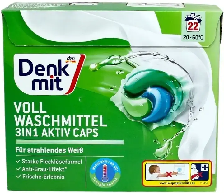 Капсули для прання білої білизни Denkmit Vollwaschmittel 3in1 Aktiv Caps (22 шт.)