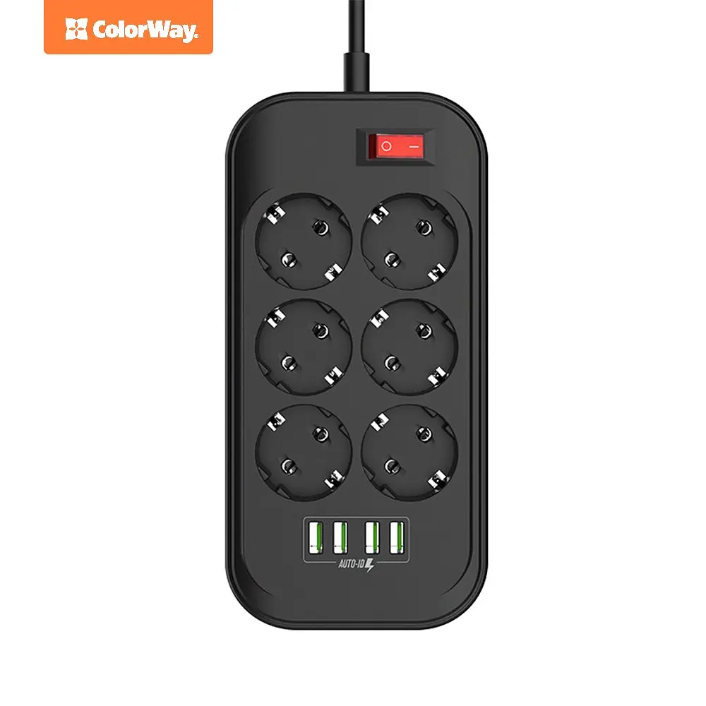 Фільтр мережевий 2 м ColorWay, Black, 6 x євророзетки, 4 x USB до 3.4 A (Super Charge), дріт з міді (до 2500 Вт), 10A, захисні шторки, 312 x 190 x 50 мм (CW-CHE64B) - фото 3