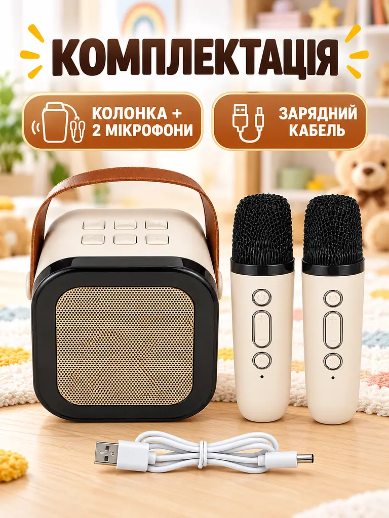 Караоке-колонка Bluetooth с 2 микрофонами, RGB-подсветкой, 10 Вт бежева (49676425) - фото 7