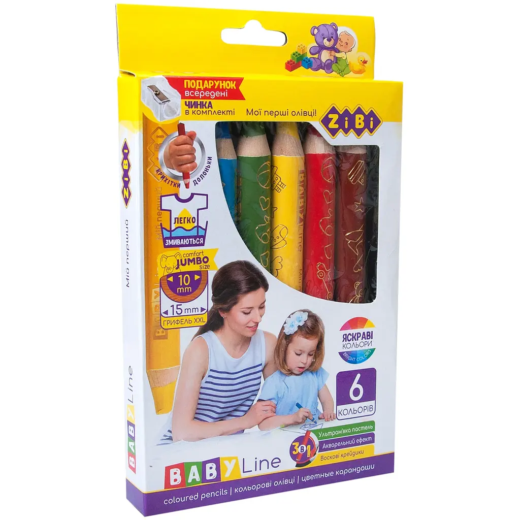 Олівці кольорові 3 в 1 ZiBi Super Jumbo Baby Line з точилкою 6 шт. (ZB.2453) - фото 2