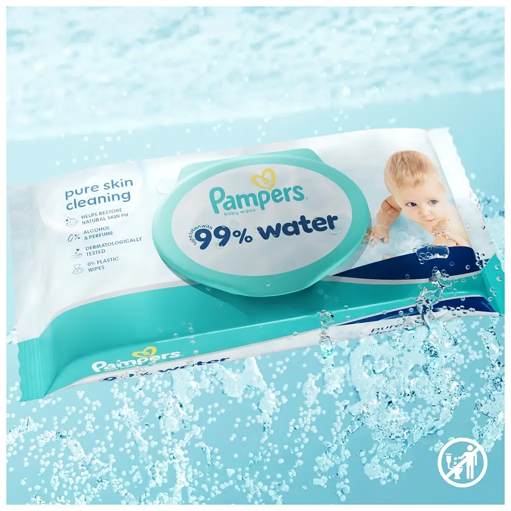 Дитячі вологі серветки Pampers 99 Water, 180 шт (8006530116206) - фото 2