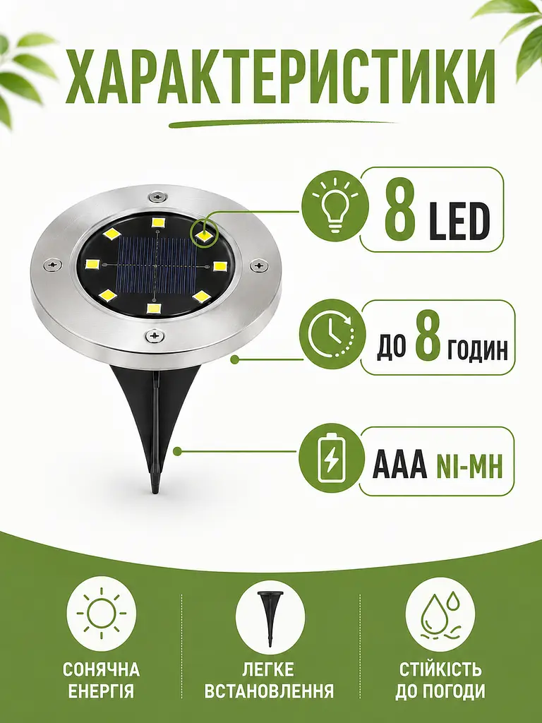 Садові світильники на сонячній батареї 4 шт з кілочком 8 LED (49676023) - фото 3