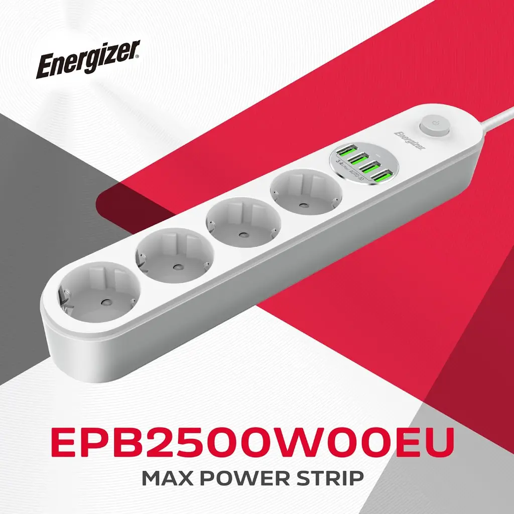 Сетевой фильтр Power filtr 2.0м Energizer 4 розетки, 4xUSB 3.4A, с заземлением белый (EPB2500W00EU) - фото 6