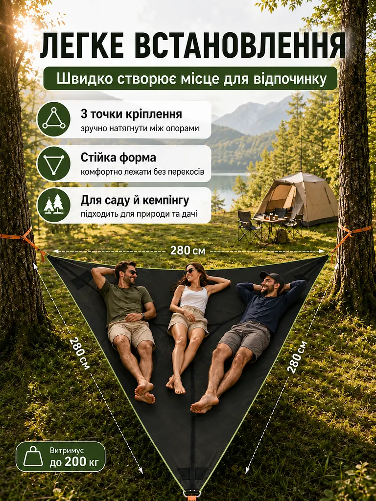 Трикутний гамак-сітка підвісний 280x280x280 см до 200 кг, чорний (49675900) - фото 3