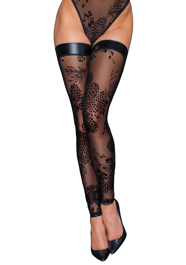 Панчохи без мису Noir Handmade F243, сітка з флоковою вишивкою, XXL