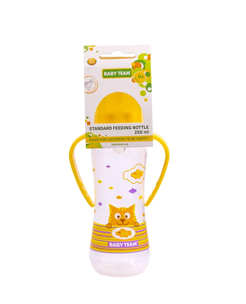 Пляшечка для годування з силіконовою соскою та ручками 0+ Baby team 250 мл Жовтий - фото 3